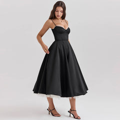 Satin Tulle Flare Strap Cupped Midi Dress