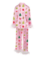 Christmas Tree Printed Button Down Top with Pants Pj Set