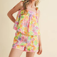Floral Print Sleeveless Tie Up Tops with Shorts Sleepwear Set