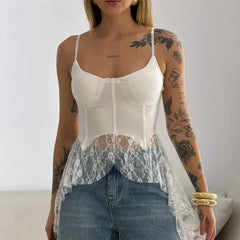 Spaghetti Strap Lace Ruffle Hem Top