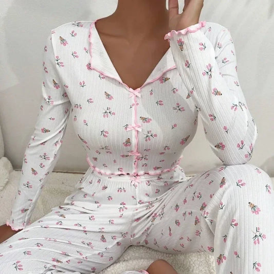 Floral Print Long Sleeve Top And Pants Sleepwear Set