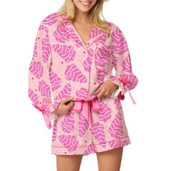 Christmas Satin Button Down Shirt And Pajama Shorts Set