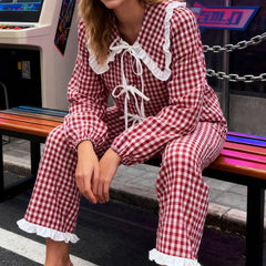 Red Plaid Long Sleeve Doll Collar Tie Up Top And  Wide Leg Pants Sets