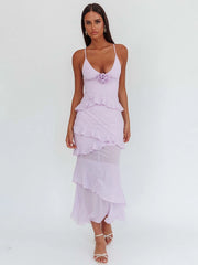 Spaghetti Strap 3D Rose V Neck Ruffle Maxi Dress