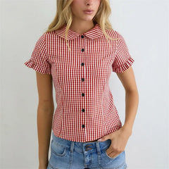 Plaid Peter Pan Collar Short Ruffle Sleeve Button Down Blouse