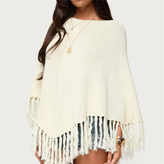 White Knit Poncho with Tassels Top