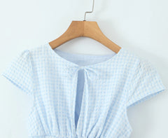 Blue Gingham Smocked Tie Front Keyhole Puff Sleeve Mini Dress