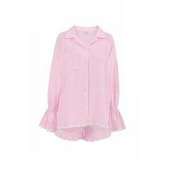 Ruffle Trim Long Sleeve Shirt And Shorts Set
