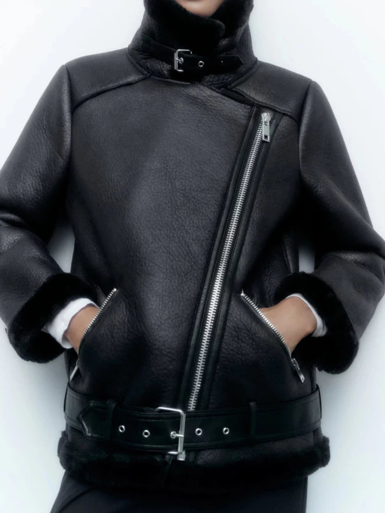 Faux Leather Double-Sided Zipper Biker Jacket