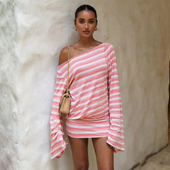 Off Shoulder Long Sleeve Striped Print Backless Hollow Out Mini Dress