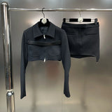 Turn Down Collar Belt Jacket Short Mini Skirt Two Piece Suits