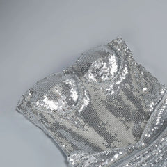 Silver Sequined Strapless with Fish Bones Waist Cinching Mini Dress
