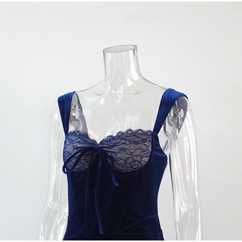 Blue Velvet Lace Trim Slit Midi Dress