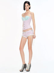 Pink Hook Blue Bustier Corset Strap Top