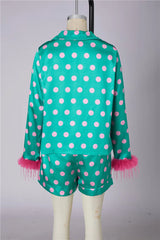 Satin Polka Dot Long Sleeve  Feather Cuff Top And Shorts Set