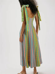 Plaid Patchwork Print Tie Shoulder Strap Maxi Dress