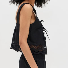 Black Square Neck Lace Embroidery Hem Top