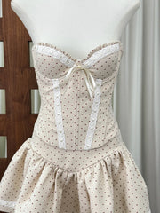 Dotted Strapless Lace Trim Corset Top And Mini Skirt Set