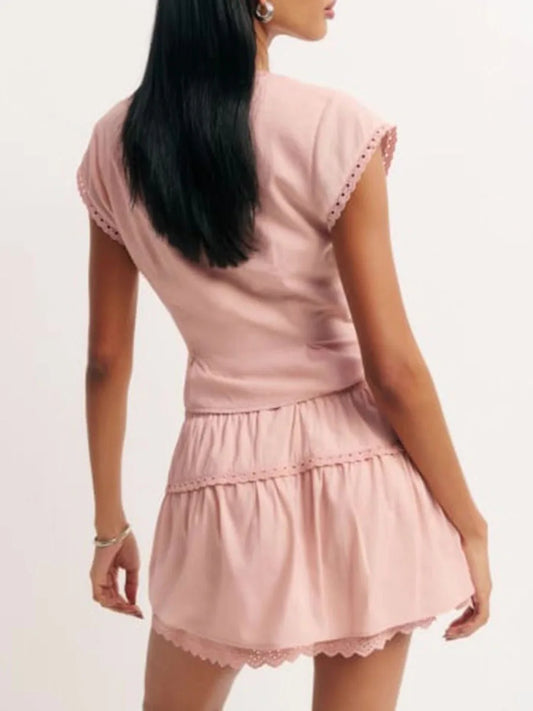 Pink Short Sleeve Button Up Top And Eyelet Trim Mini Skirt