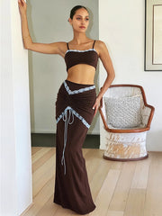 Brown Lace Patchwork Crop Top And Ruched Drawstring Maxi Skirt Set