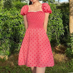 Red Smocked Heart-shaped Printed Mini Dress