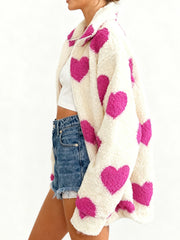 Heart Print Fuzzy Fleece Zip Up Jacket