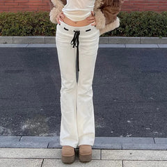 White Low-Waisted Flare Ribbion Pants