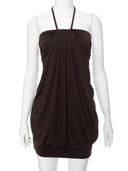 A stylish brown puff sleeve mini dress with a halter neckline and a playful silhouette.