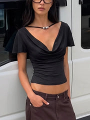 Black Draped Neckline T-Shirt