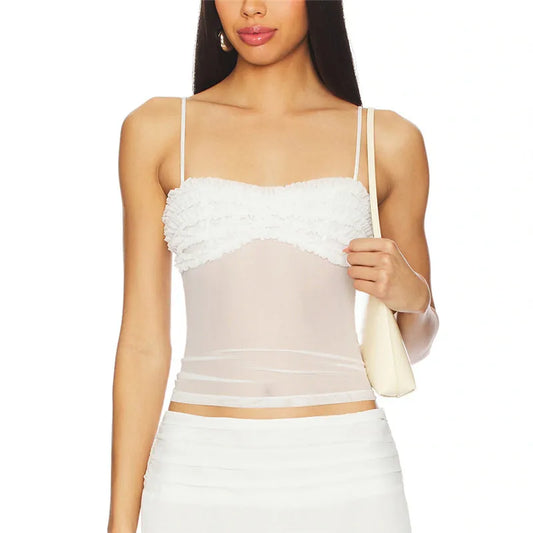 Sheer Ruffle Frill Bust Spaghetti Strap Top