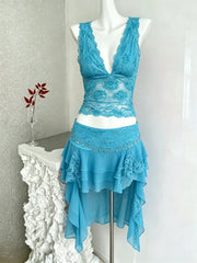 Blue Lace Sheer V-neck Crop Top And Frill Hem Mini Skirt Set