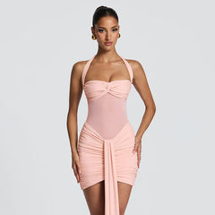 Mesh Patchwork Halter Bandage Wrap Bodycon Mini Dress
