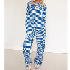 Sleeve Round Neck Striped Top And Wide Leg Pants Sleepwear Set