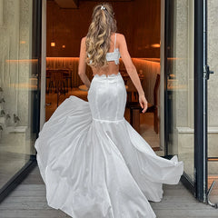 White Satin Lace Trim Bralette And Maxi Skirt Set