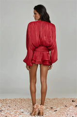 Red Chiffon Pleated Tie Up Full Sleeve Top And Mini Skirt Set