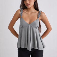 Ruffled Strap Satin V-neck Top