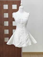 White Floral Printed Back Lace Up A-line Mini Dress