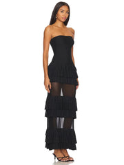 Women's black strapless maxi dress, ruffles and patchwork