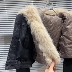 Faux Fur Collar Quilted Denim Crop Jacket