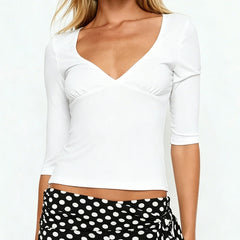 V-neck 3/4 Elbow Sleeve Fitted Wrap T-shirt