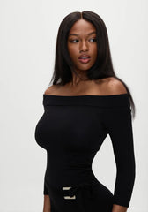 Black Knitted Off-Shoulder Full Sleeve Belt Mini Dress