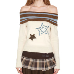 Off Shoulder Striped Star Knit Long Sleeve Top