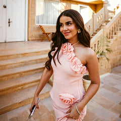Pink Halter 3D Flower Ruffle Maxi Dress