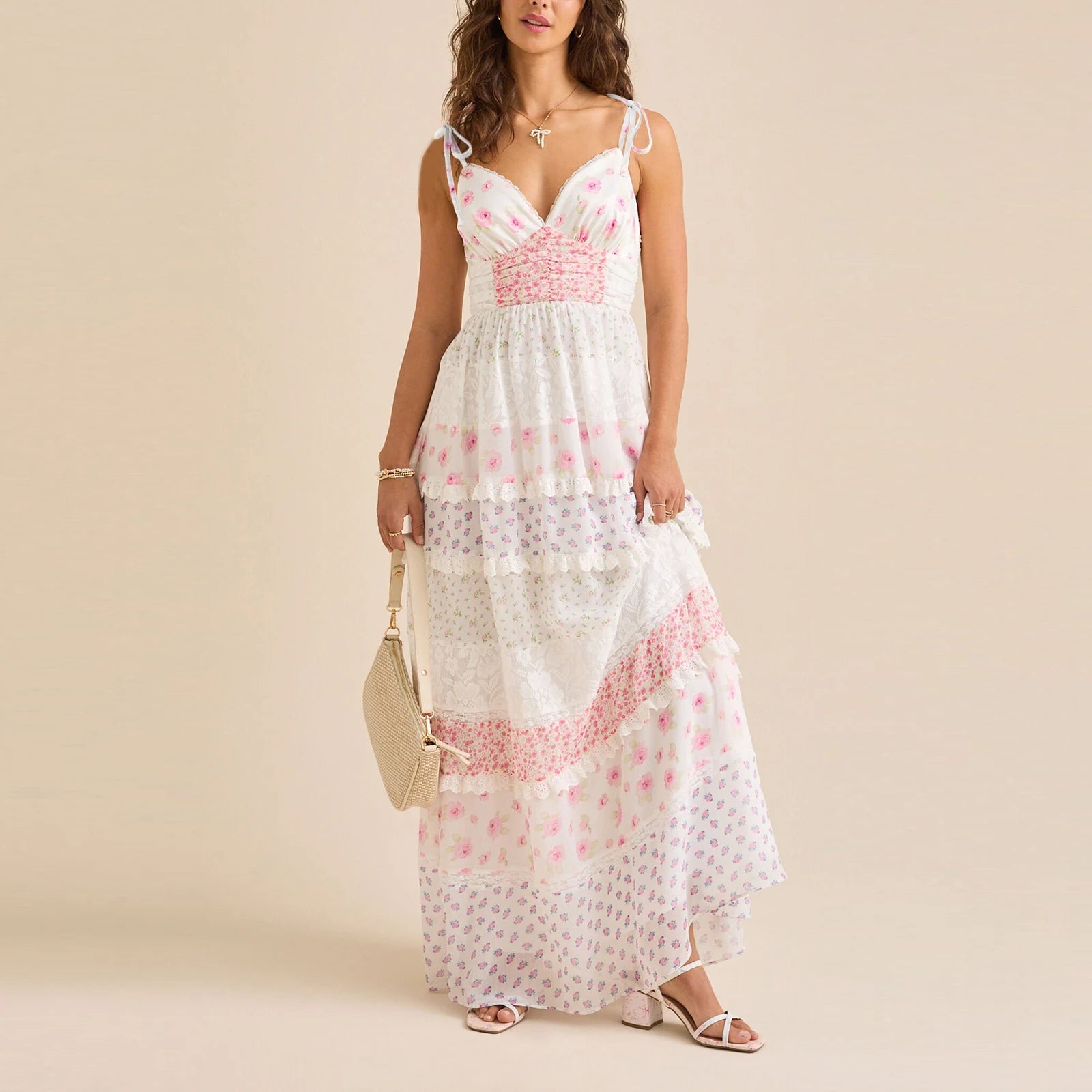 Women's whimsical floral patchwork tiered maxi dress.

