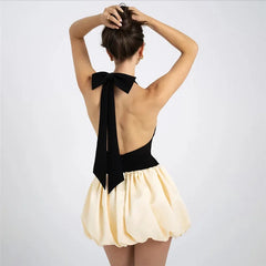 Patchwork Puff Halterneck Black Satin Mini Dress