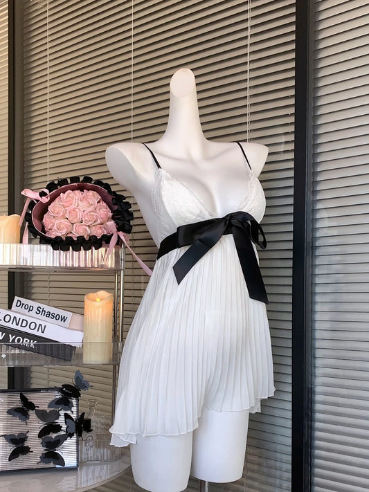 V-neck Bow Cami Pleated Nightdress