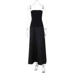 Black Strapless Satin Patchwork Maxi Dress