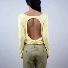 Solid Hollow Out Backless Long Sleeve T-Shirt
