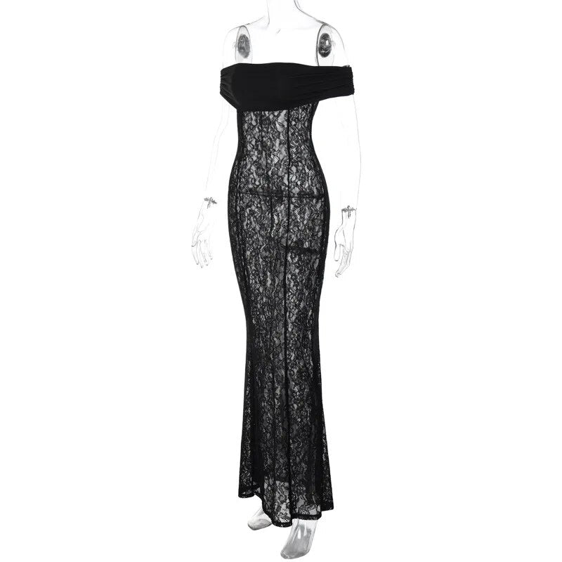 Black Sheer Lace Off Shoulder Maxi Dress