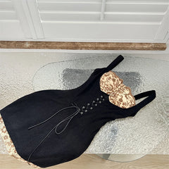 Black Lace-up Embroidered Patchwork Sleeveless Mini Dress